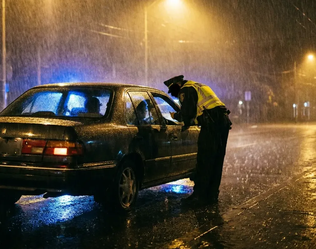 Nocna kontrola drogowa w deszczu - policjant przy oknie kierowcy